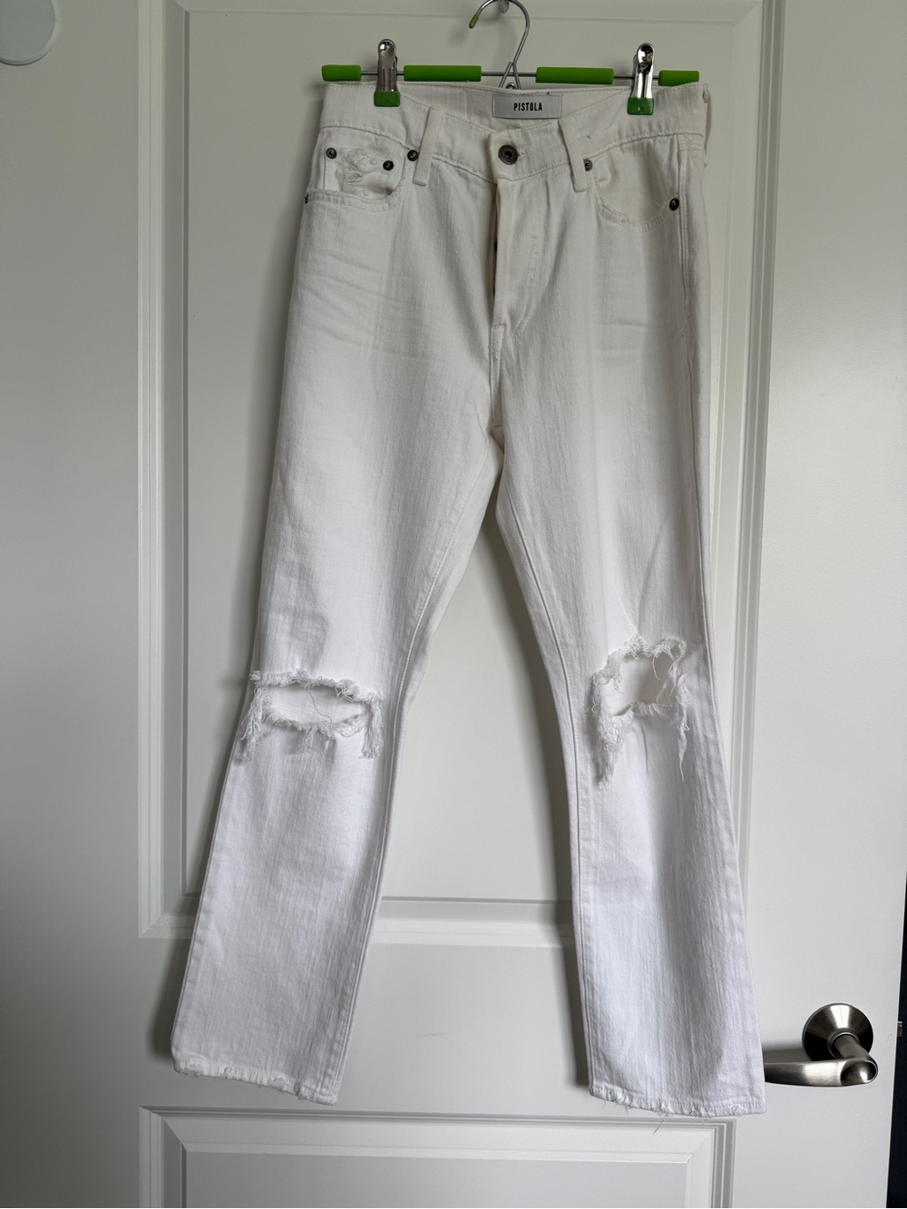 PISTOLA White jeans with button fly and knee rips | Size 26